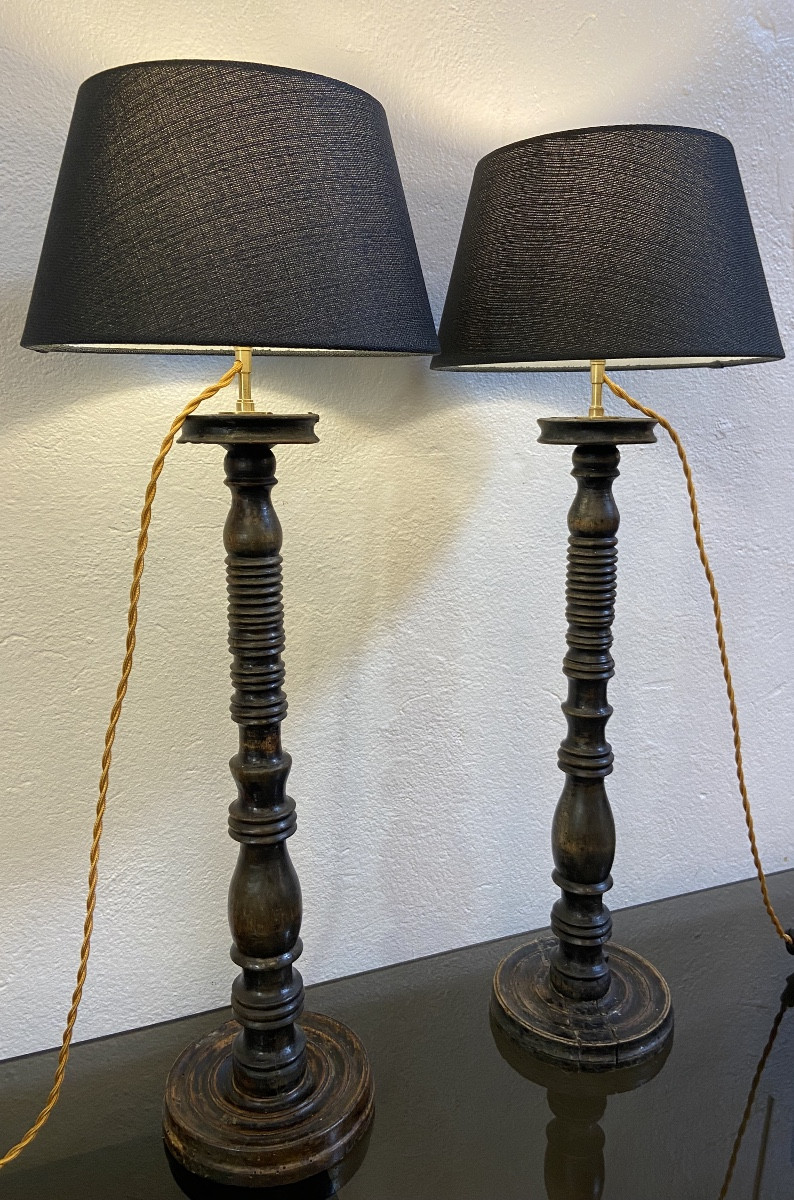 Paire De Pique Cierges En Bois Montés En Lampes, Epoque XVIIIe-photo-1