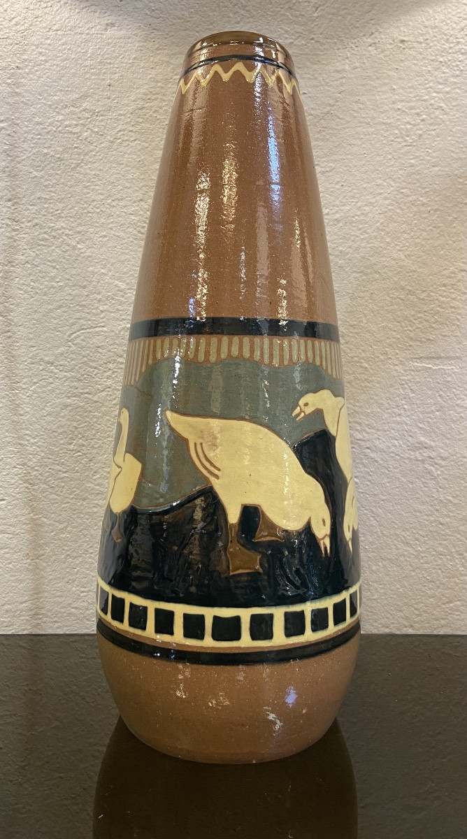Vase Art Déco Aux Oies, Terre Cuite Emaillée, Années 1930-photo-3