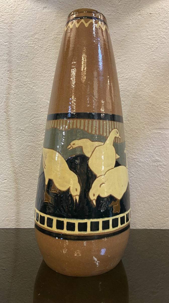 Vase Art Déco Aux Oies, Terre Cuite Emaillée, Années 1930-photo-4