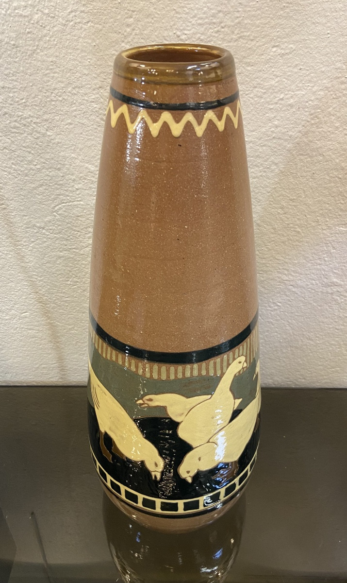 Vase Art Déco Aux Oies, Terre Cuite Emaillée, Années 1930-photo-1