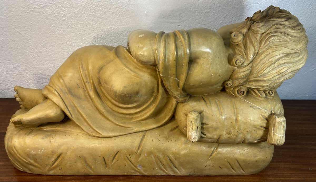 Sculpture A L'enfant Endormi En Marbre Jaune, Epoque 1900 ou Antérieure -photo-2