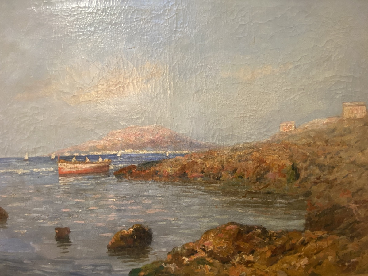 Grande Huile Sur Toile Bord De Mer A Palerme Par Rosario Di Fazio, Années 1940-photo-2