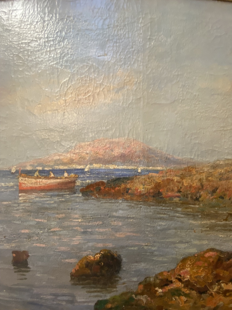 Grande Huile Sur Toile Bord De Mer A Palerme Par Rosario Di Fazio, Années 1940-photo-4