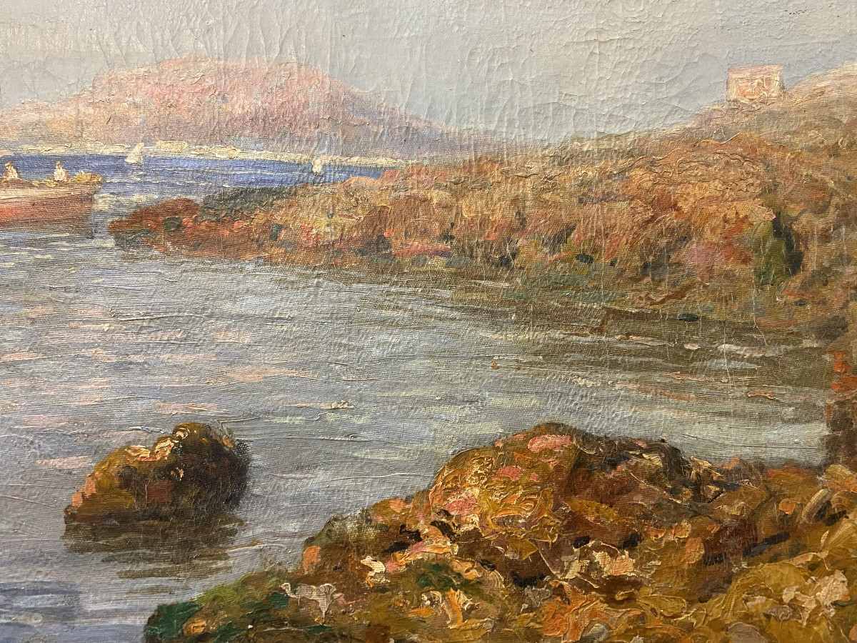 Grande Huile Sur Toile Bord De Mer A Palerme Par Rosario Di Fazio, Années 1940-photo-1