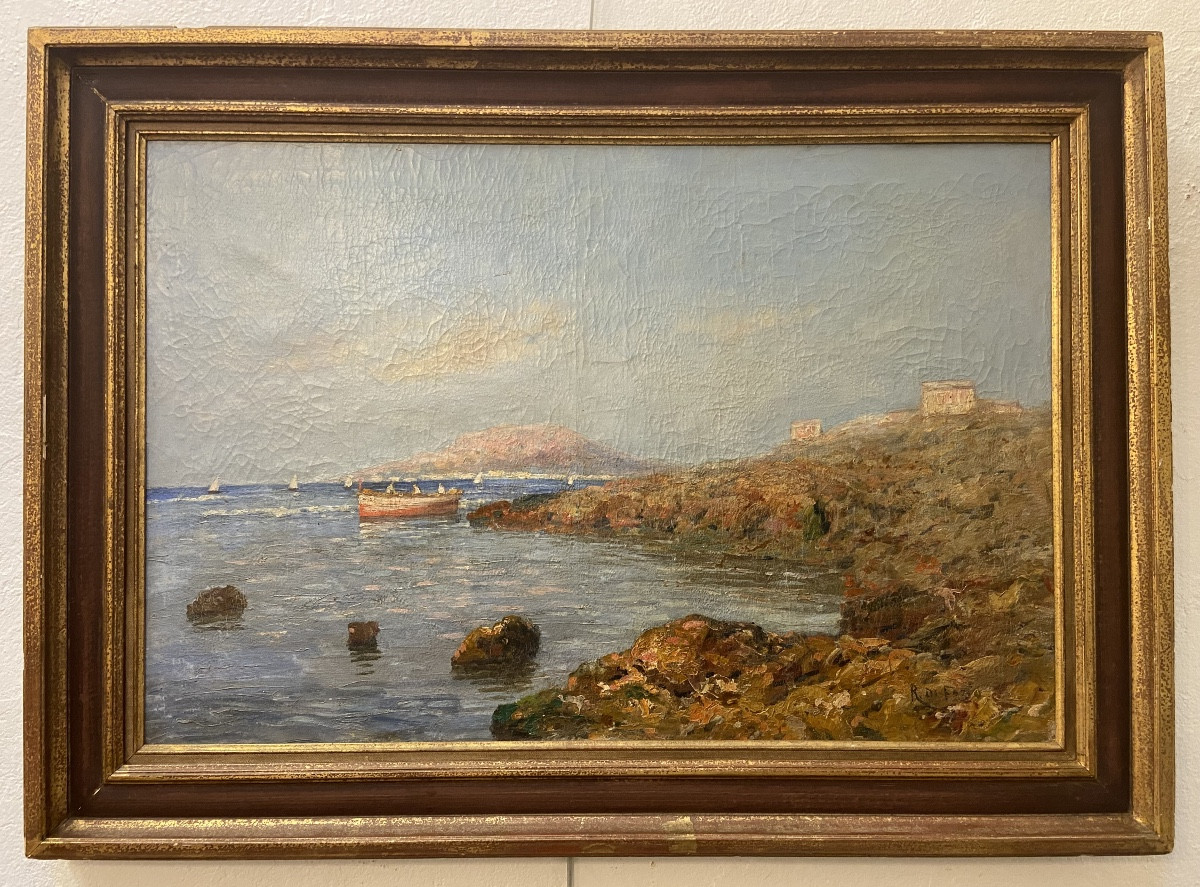 Grande Huile Sur Toile Bord De Mer A Palerme Par Rosario Di Fazio, Années 1940