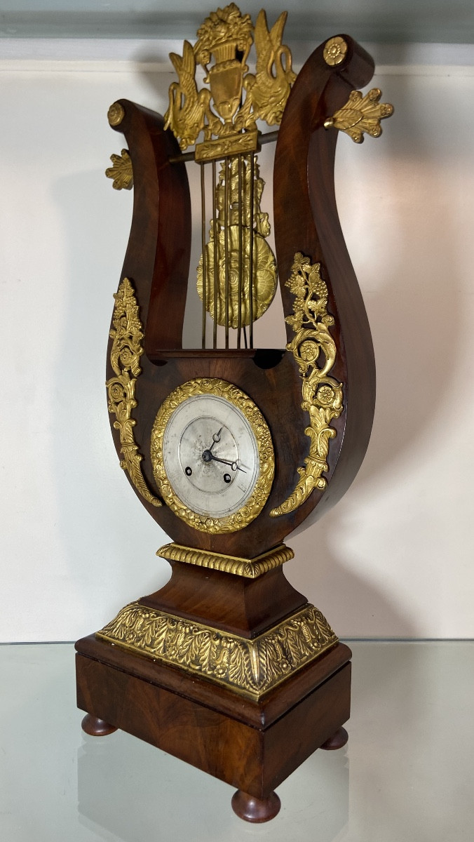 Lyre Clock, Mahogany And Gilt Bronze, Restoration Period-photo-2