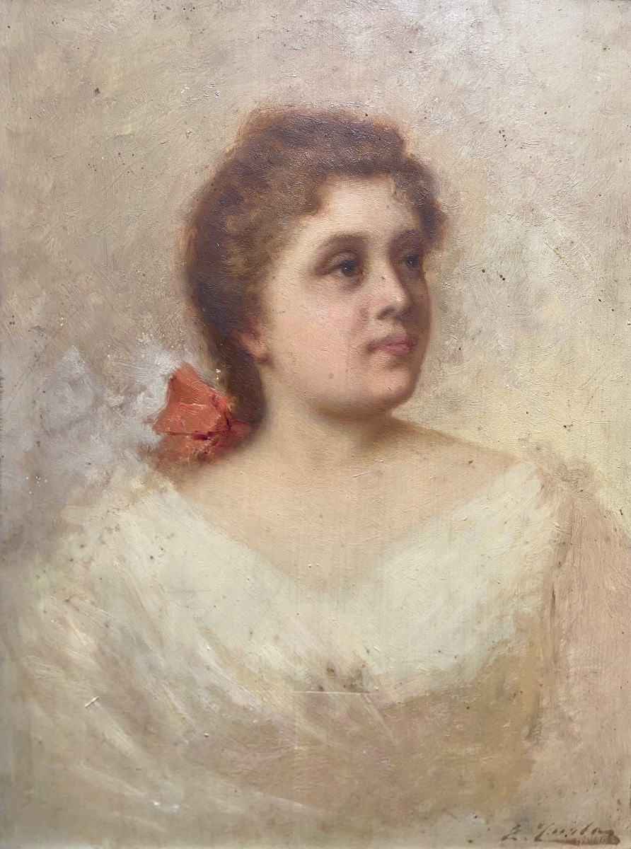 Huile Sur Bois, Portrait De Jeune Femme Par E.Turba, Epoque Fin XIXe-photo-2