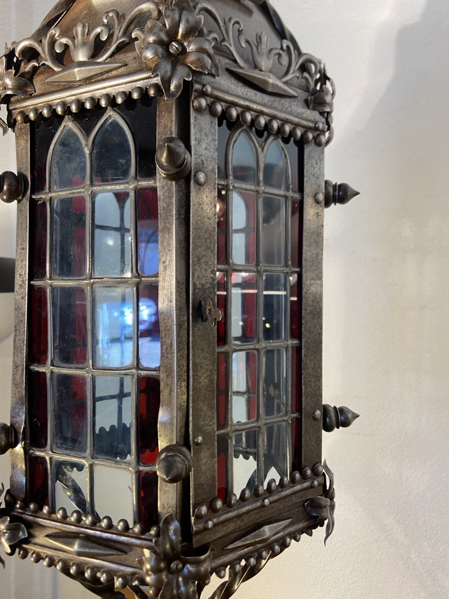 Neo-gothic Lantern, Wrought Iron And Stained Glass, 19th Century-photo-4