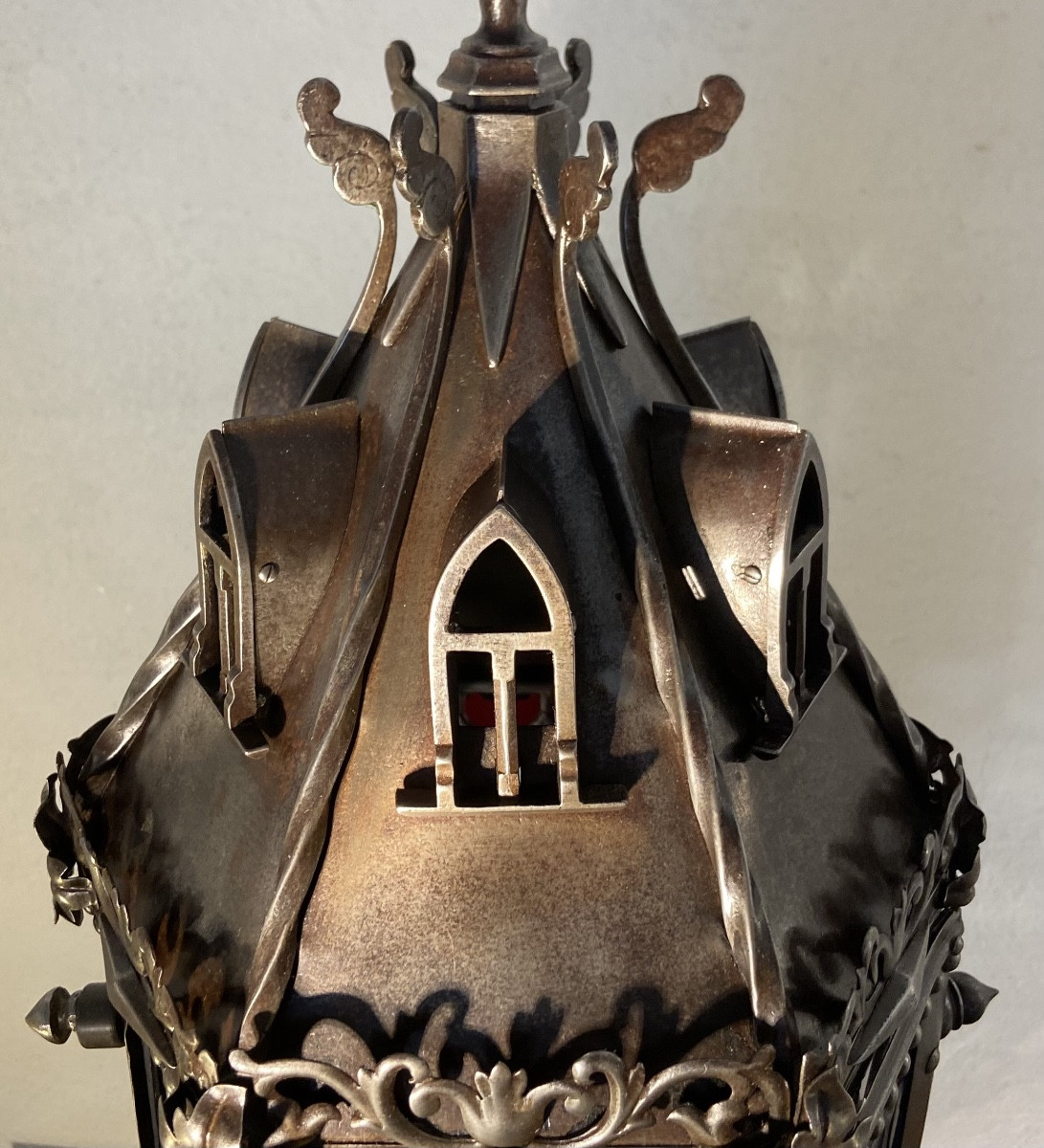 Neo-gothic Lantern, Wrought Iron And Stained Glass, 19th Century-photo-1