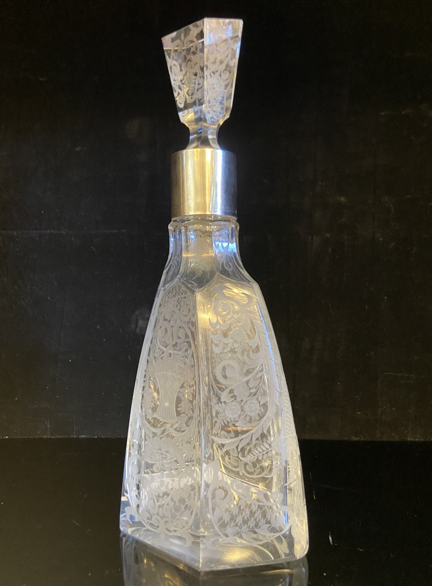 Carafe En Cristal Gravé Et En Argent, Epoque Fin XIXe-photo-2