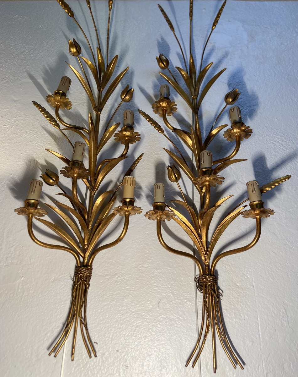 Deux Grandes Appliques En Métal Doré, Années 1960/70-photo-2