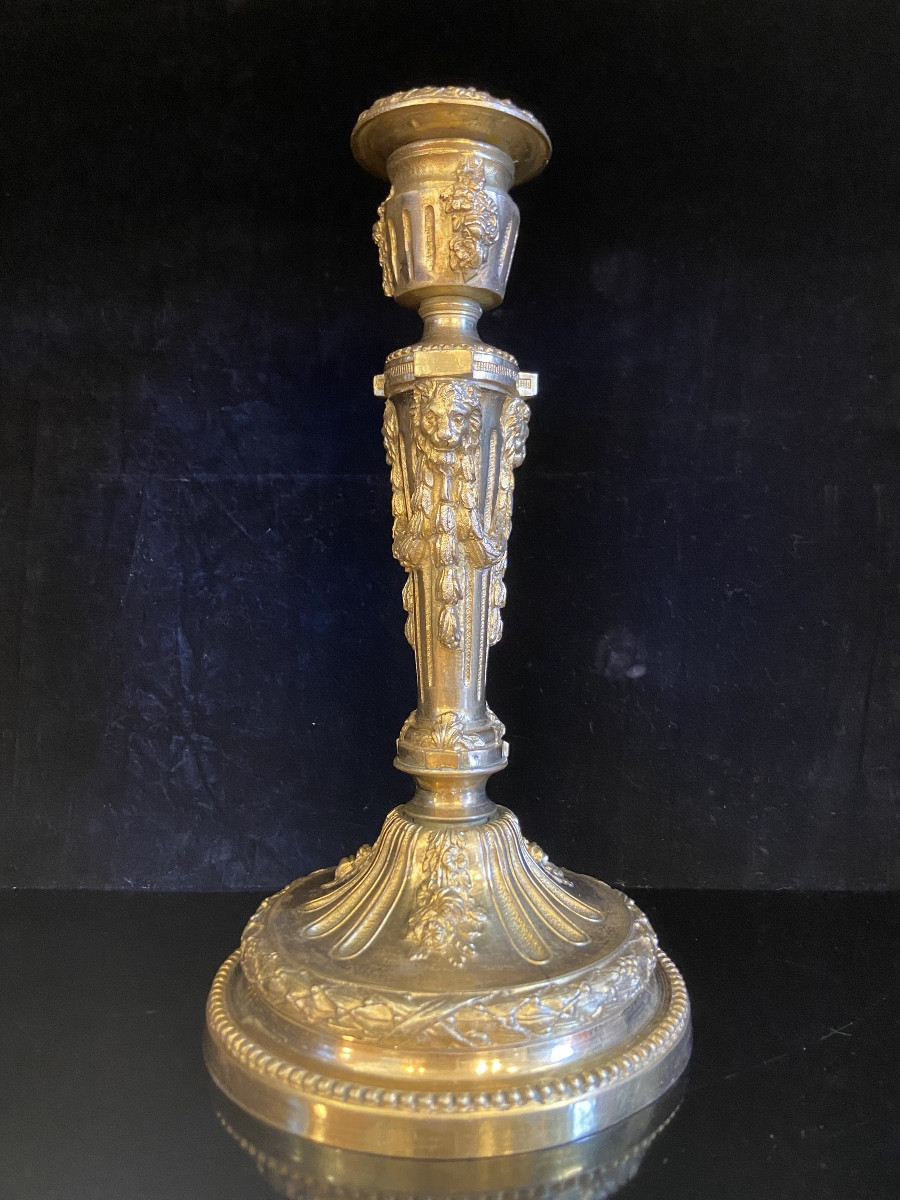 Bougeoir En Bronze Doré Aux Têtes De Lion De Style Louis XVI, Epoque XIXe-photo-3