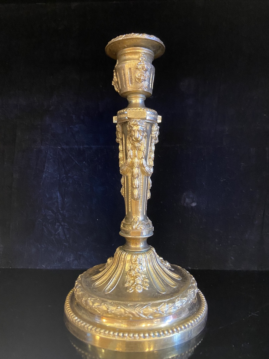 Bougeoir En Bronze Doré Aux Têtes De Lion De Style Louis XVI, Epoque XIXe-photo-1