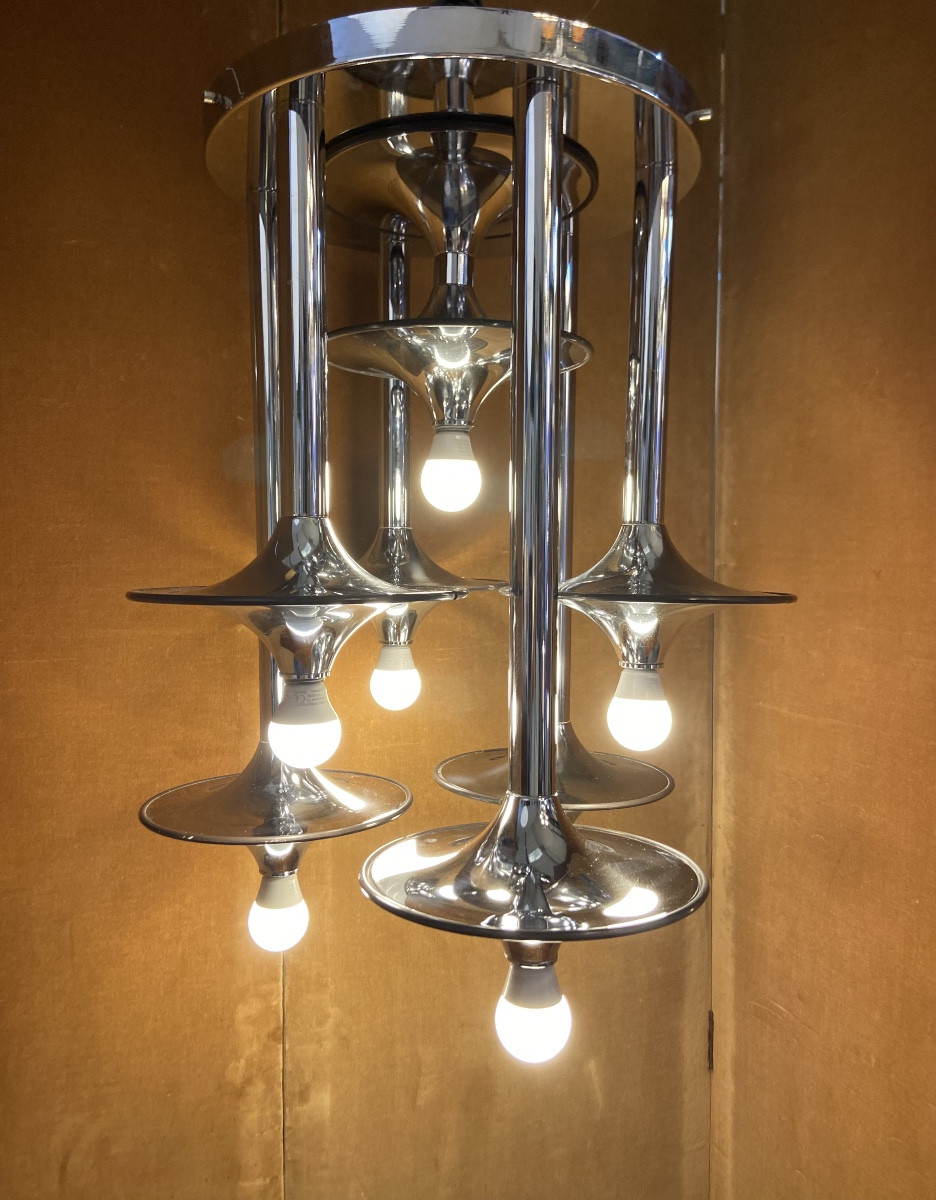 Six-light Ceiling Fixture, Chromed Metal, 1970s-photo-2