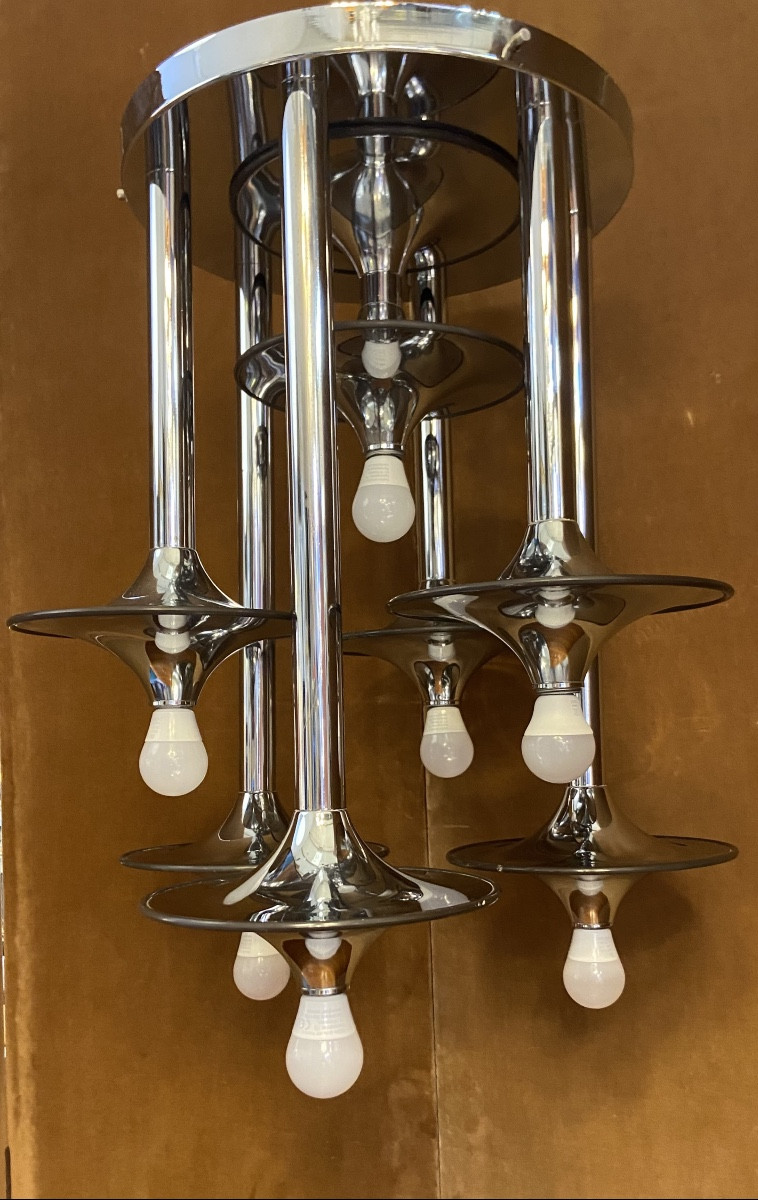 Six-light Ceiling Fixture, Chromed Metal, 1970s-photo-4