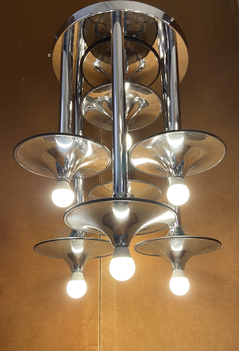 Six-light Ceiling Fixture, Chromed Metal, 1970s