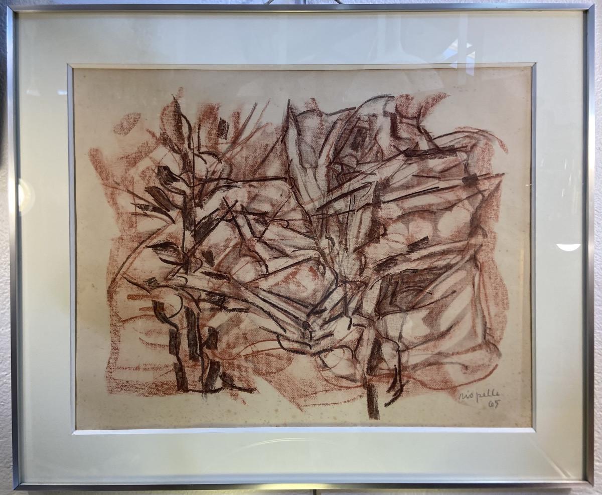 Abstract Landscape Drawing By Jean-paul Riopelle, Charcoal And Sanguine, Year 1965-photo-2