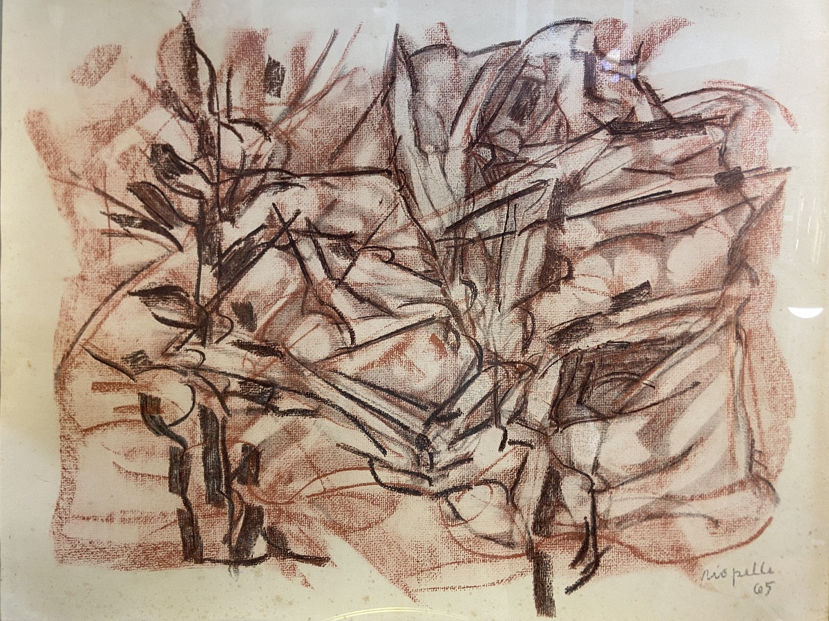 Abstract Landscape Drawing By Jean-paul Riopelle, Charcoal And Sanguine, Year 1965