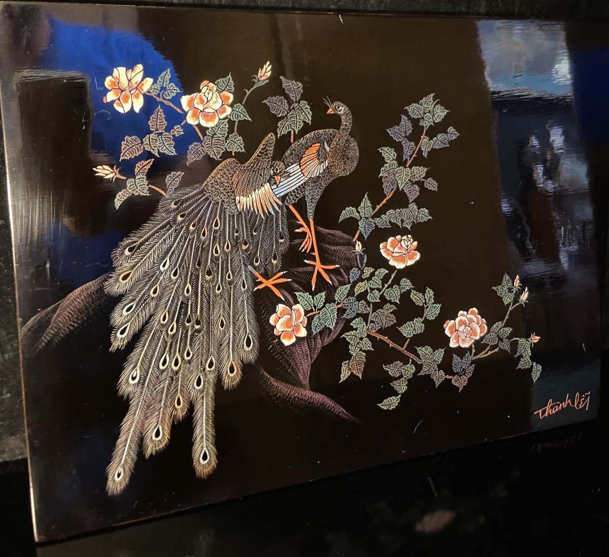 Peacock Engraved Lacquered Panel By l'Atelier De Nguyen Thanh Lê, 1950s/60s-photo-2