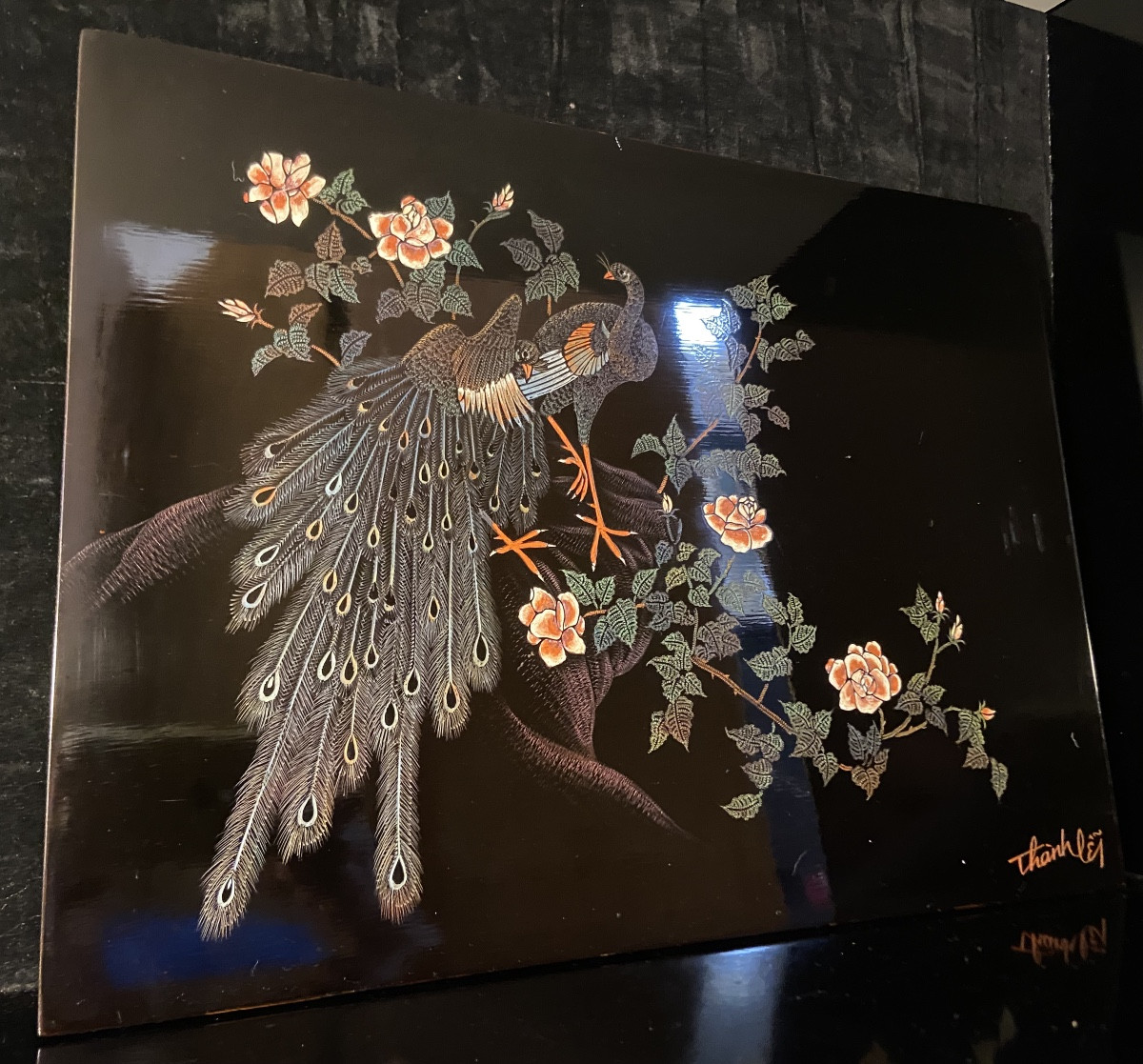 Peacock Engraved Lacquered Panel By l'Atelier De Nguyen Thanh Lê, 1950s/60s