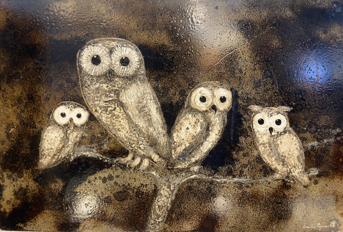 Panneau De Bois Laqué Aux Chouettes, Années 1970