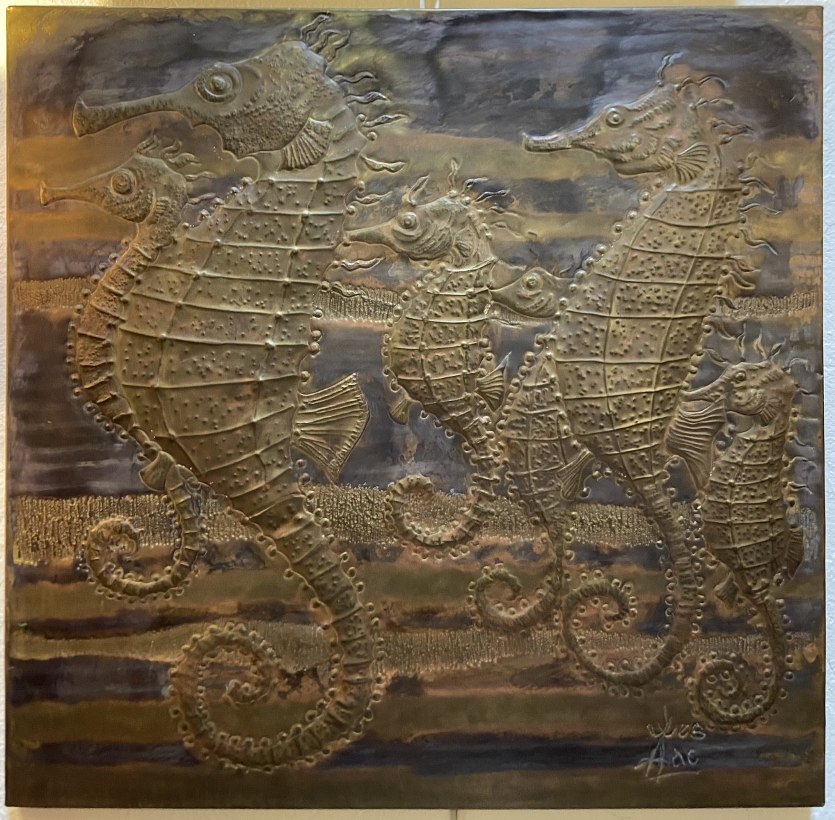 Panneau De Cuivre Repoussé Aux Hyppocampes, Années 1970