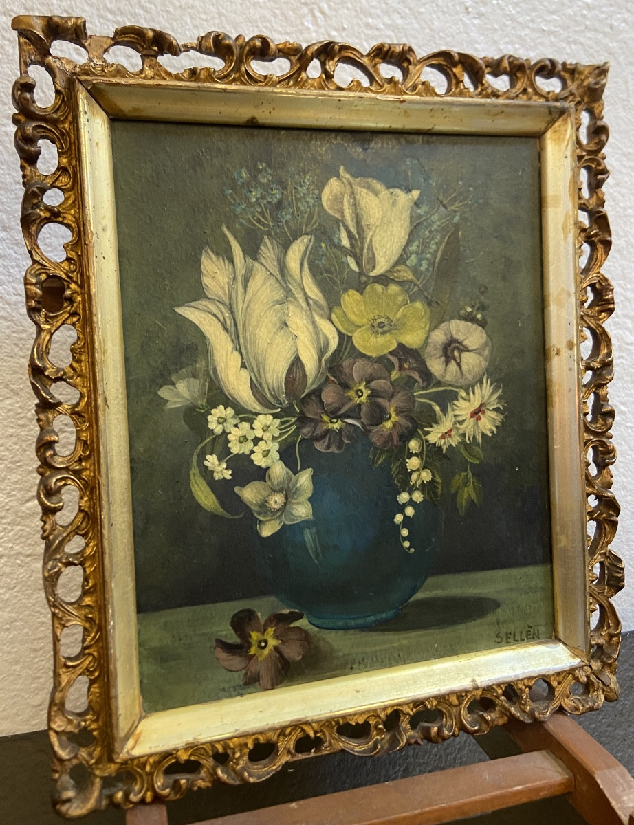 Huile Sur Carton, Petite Nature Morte Par Raghnild Sellèn, Années 1930/40-photo-3