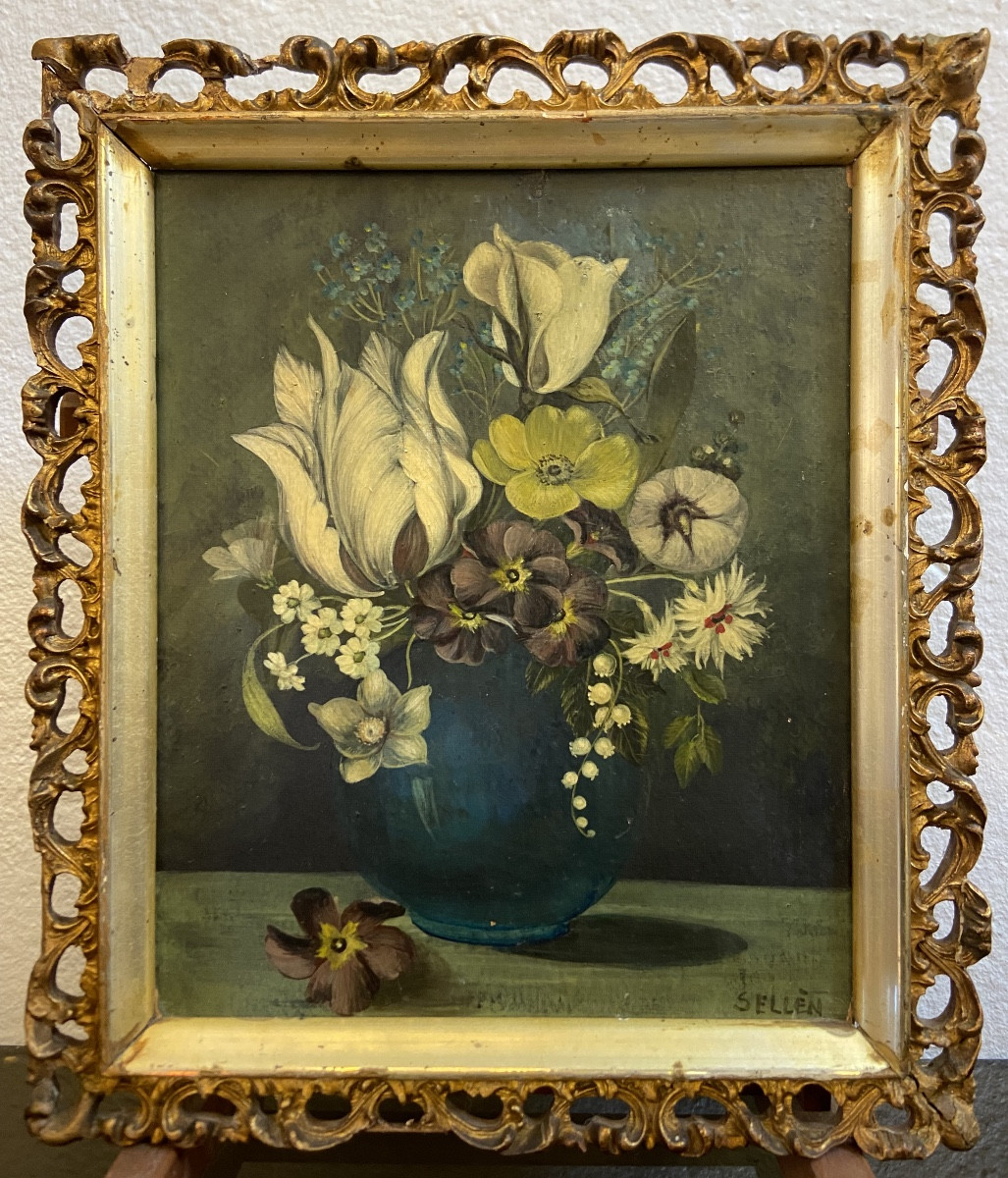 Huile Sur Carton, Petite Nature Morte Par Raghnild Sellèn, Années 1930/40