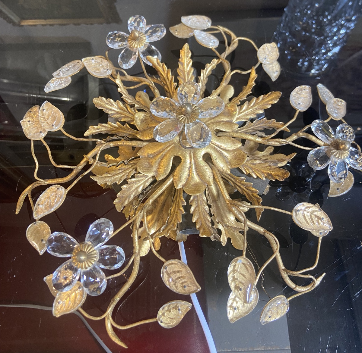 Plafonnier Dlg De Bagues, Métal Doré Et Verre, Années 1970
