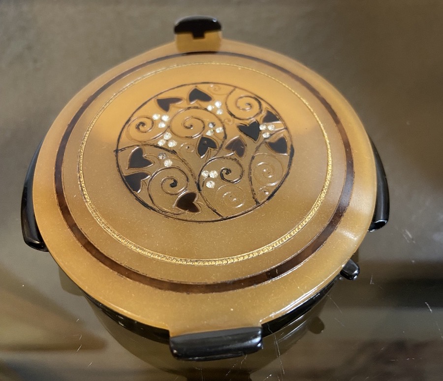 Poudrier Pendentif Art Déco En Bakélite Et Strass, Années 1920