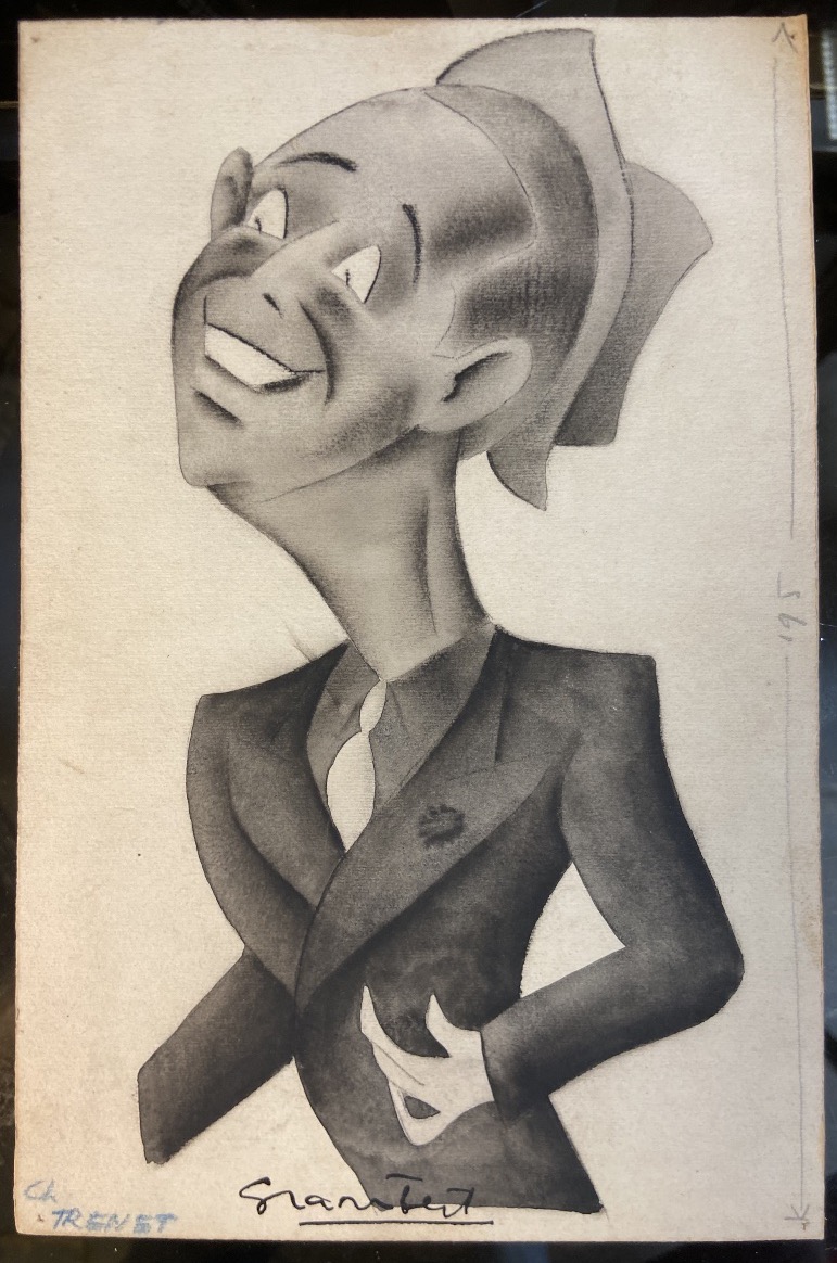 Caricature Drawing Of Charles Trenet By Bernard Grambert, Year 1950