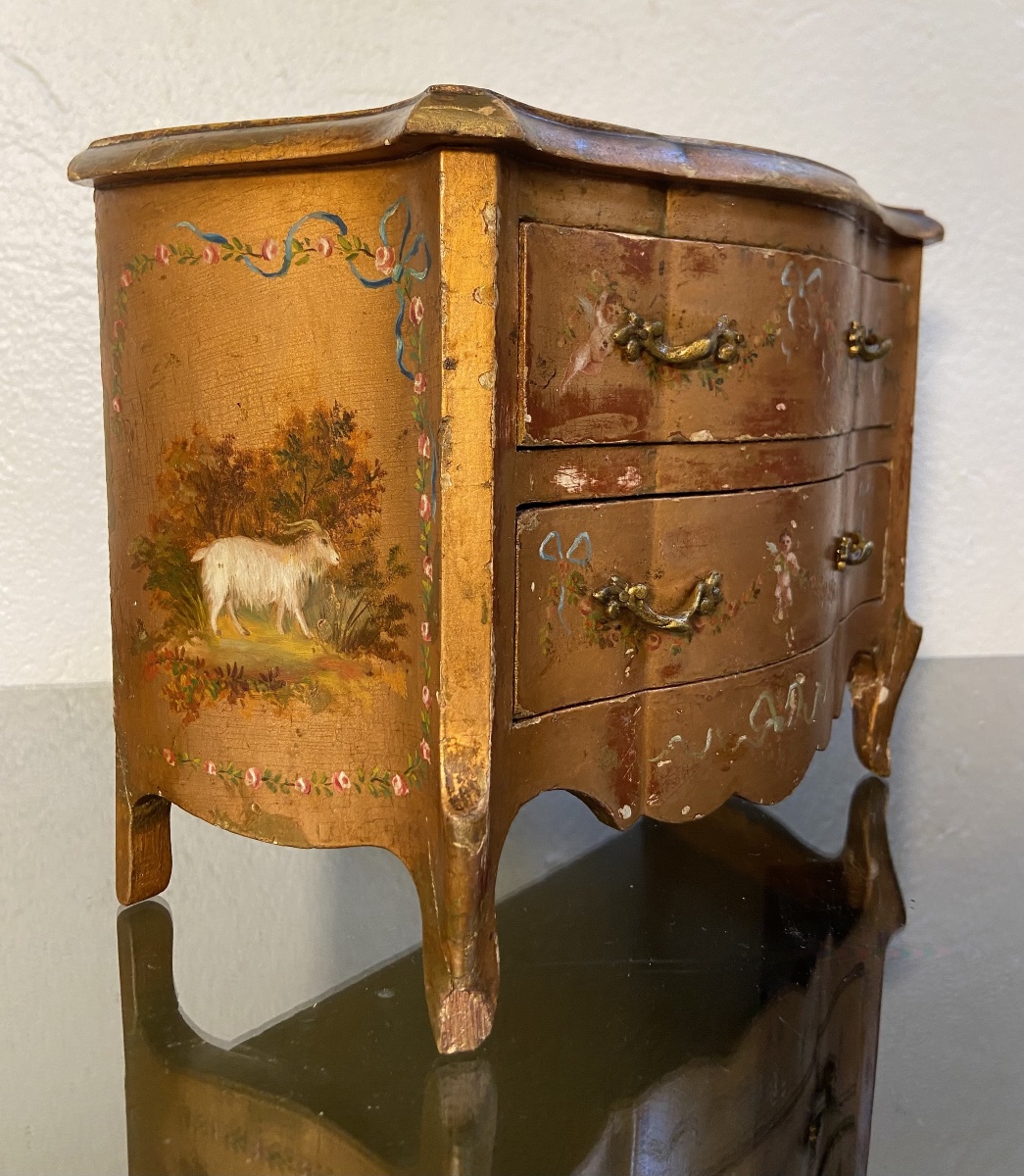 Boîte A Bijoux Commode Miniature Vernis Martin, Epoque 1900/1920-photo-2