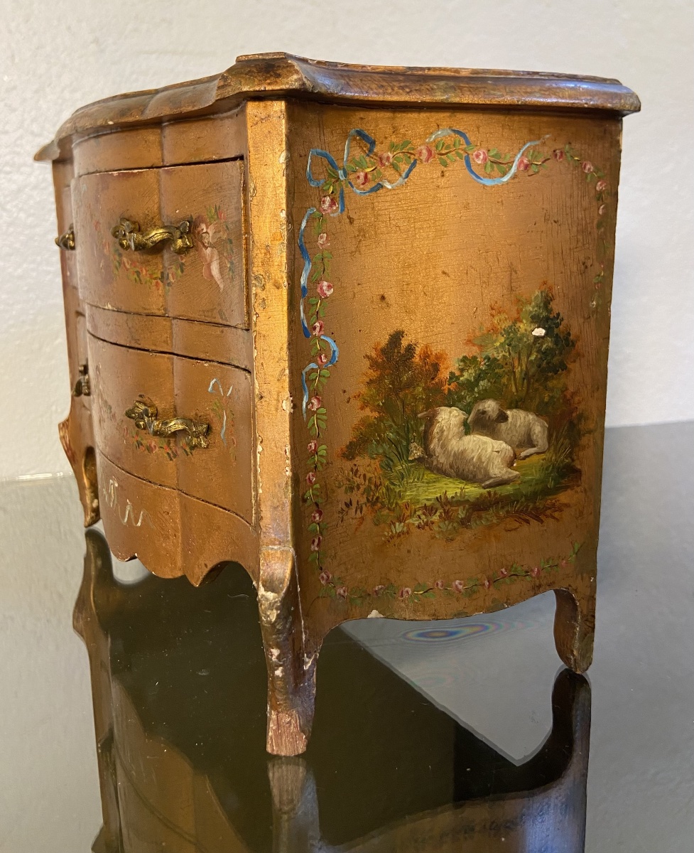 Boîte A Bijoux Commode Miniature Vernis Martin, Epoque 1900/1920-photo-3