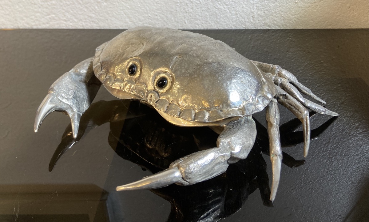 Crabe Métal Argenté Franco Lapini, Présentoir A Caviar, Années 1960-photo-2