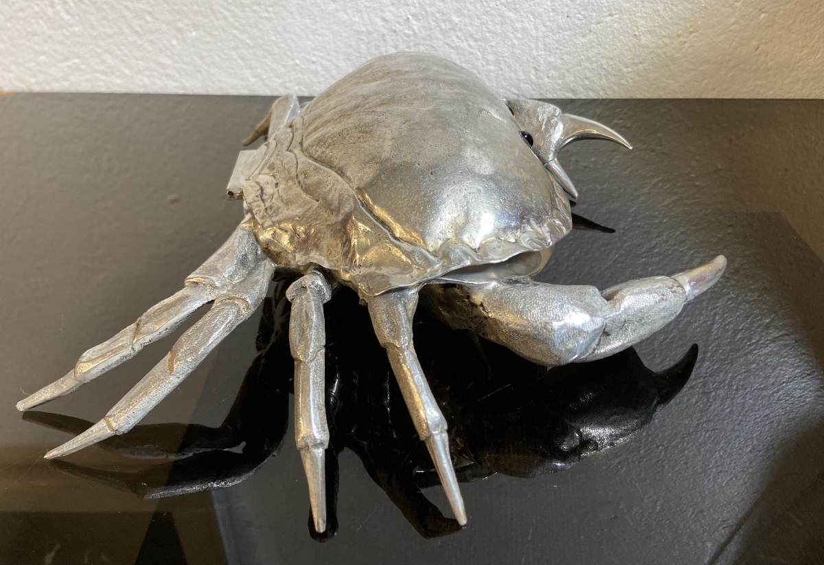 Crabe Métal Argenté Franco Lapini, Présentoir A Caviar, Années 1960-photo-3