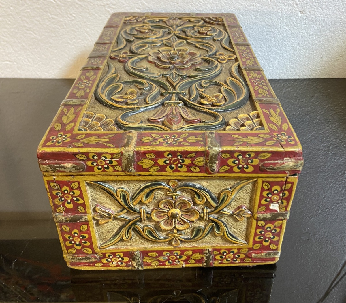 Coffret A Bijoux Indien, Bois Sculpté Polychrome, Epoque XIXe-photo-3