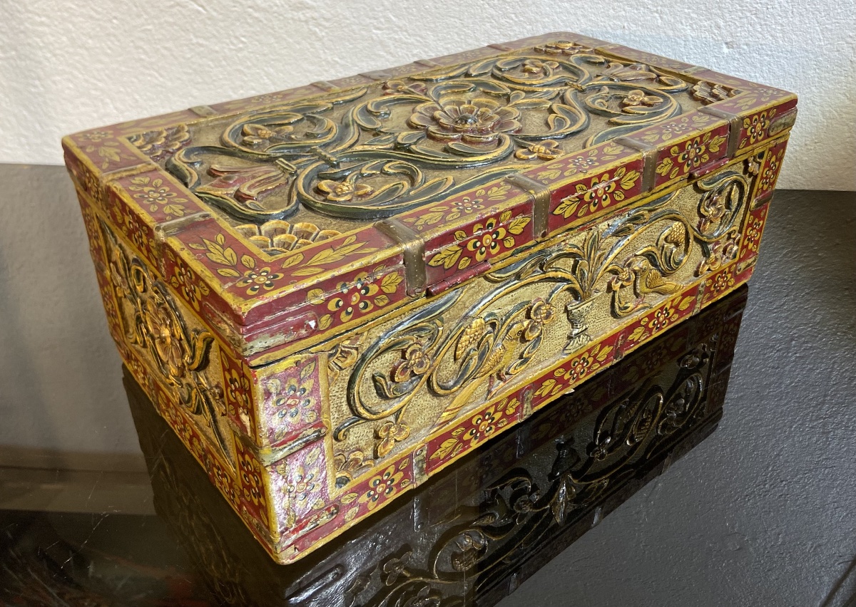 Coffret A Bijoux Indien, Bois Sculpté Polychrome, Epoque XIXe-photo-4