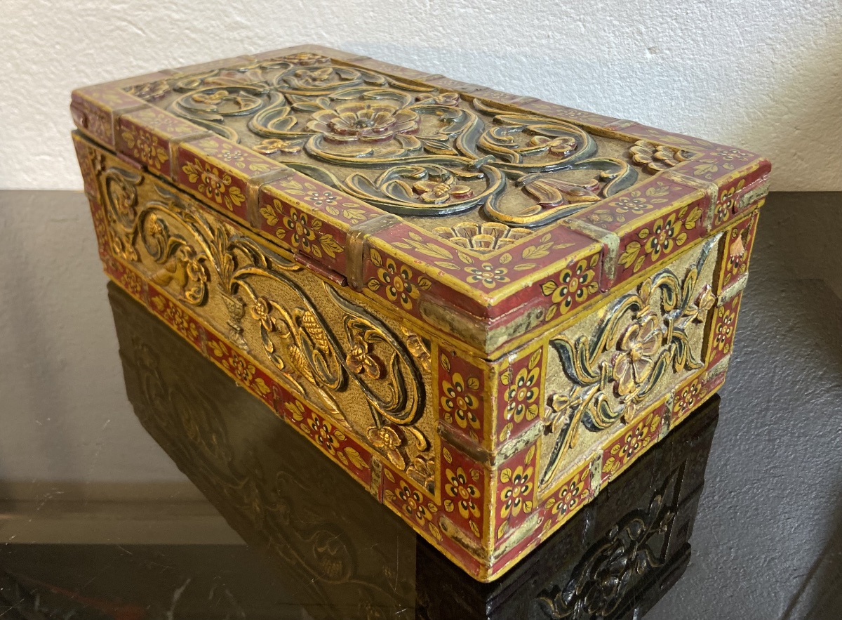 Coffret A Bijoux Indien, Bois Sculpté Polychrome, Epoque XIXe-photo-2