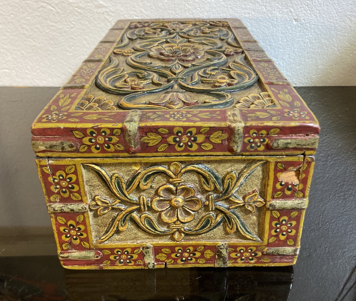 Coffret A Bijoux Indien, Bois Sculpté Polychrome, Epoque XIXe-photo-3
