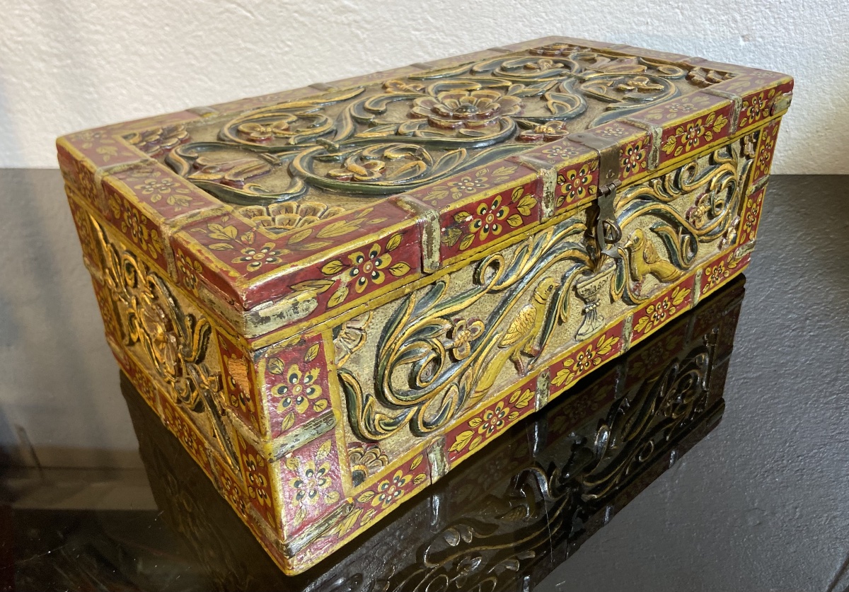 Coffret A Bijoux Indien, Bois Sculpté Polychrome, Epoque XIXe-photo-4