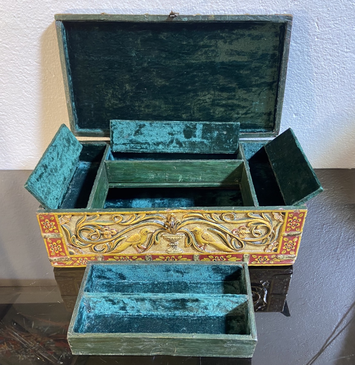 Coffret A Bijoux Indien, Bois Sculpté Polychrome, Epoque XIXe-photo-6