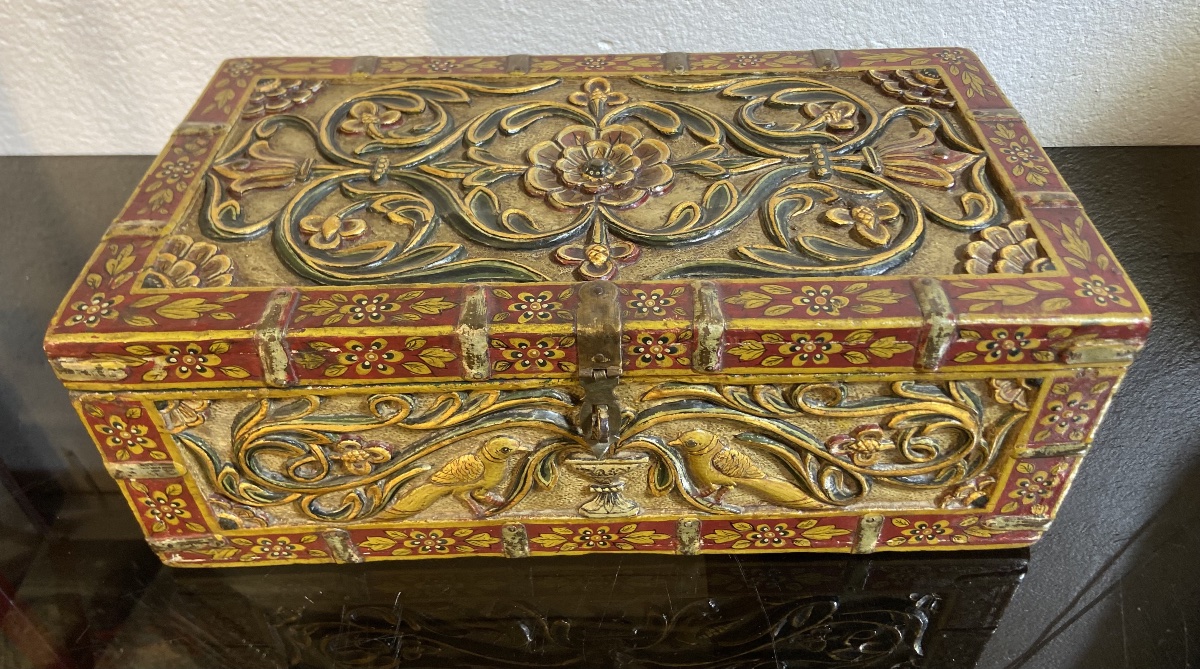 Coffret A Bijoux Indien, Bois Sculpté Polychrome, Epoque XIXe