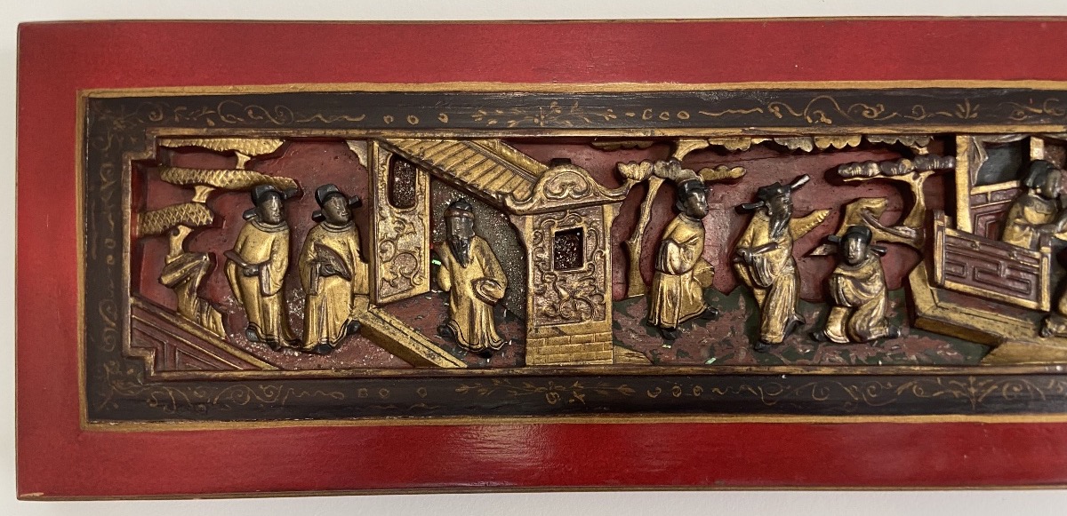 Long Bas-Relief Chinois En bois Sculpté, Epoque Fin XIXe/Début XXe-photo-2