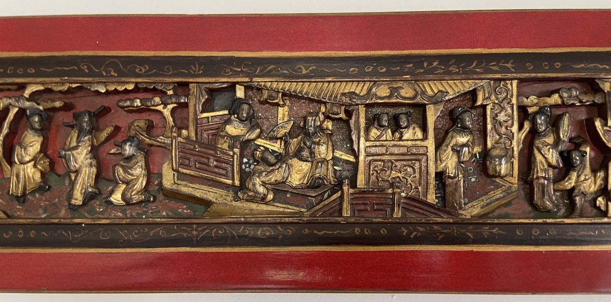 Long Bas-Relief Chinois En bois Sculpté, Epoque Fin XIXe/Début XXe-photo-3