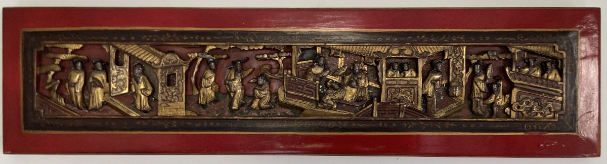 Long Bas-Relief Chinois En bois Sculpté, Epoque Fin XIXe/Début XXe