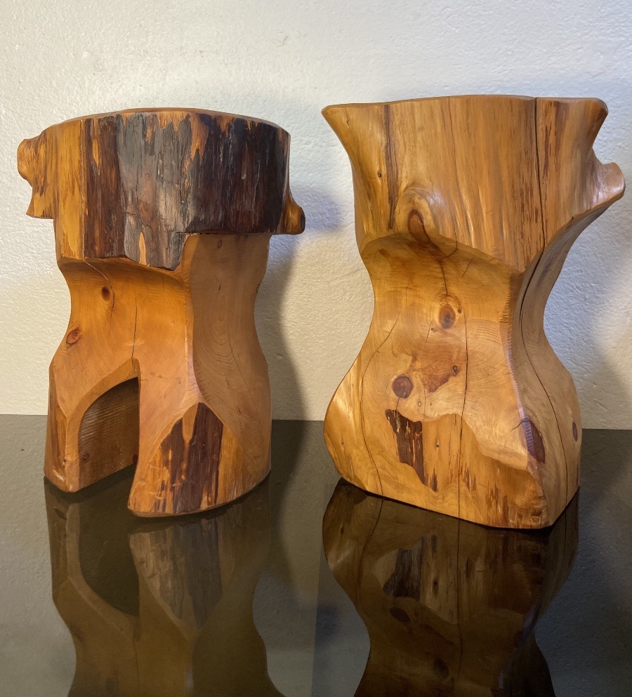 Deux Tabourets Brutalistes En Bois D'Olivier, Années 1980-photo-2