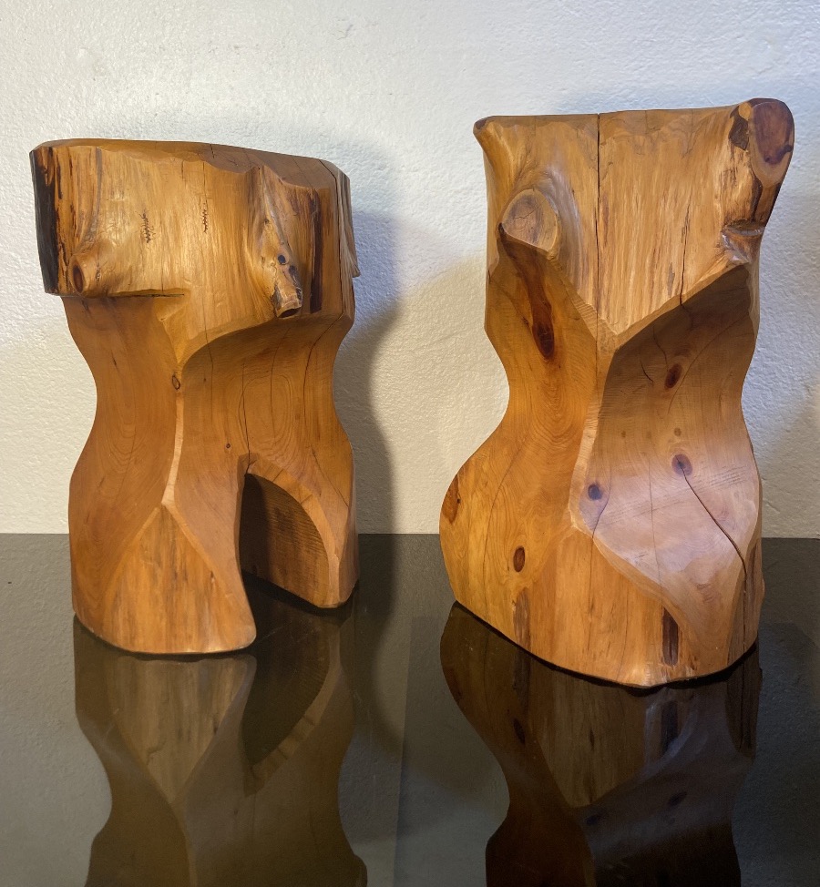 Deux Tabourets Brutalistes En Bois D'Olivier, Années 1980-photo-4