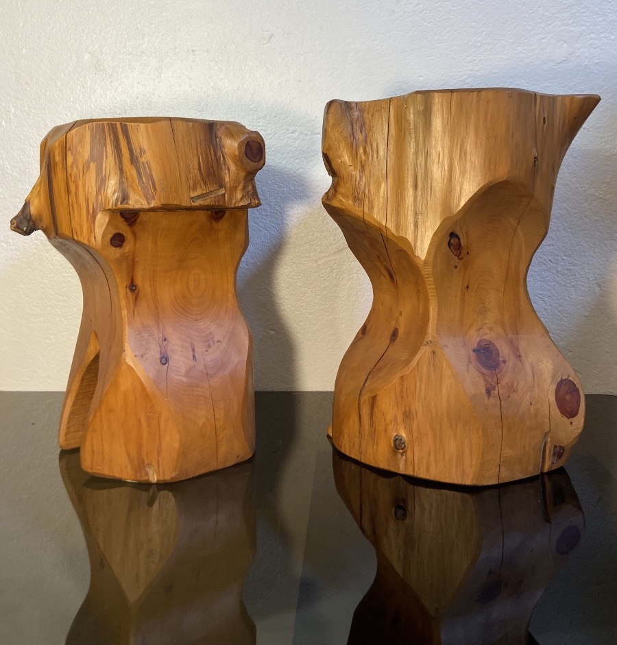 Deux Tabourets Brutalistes En Bois D'Olivier, Années 1980-photo-2