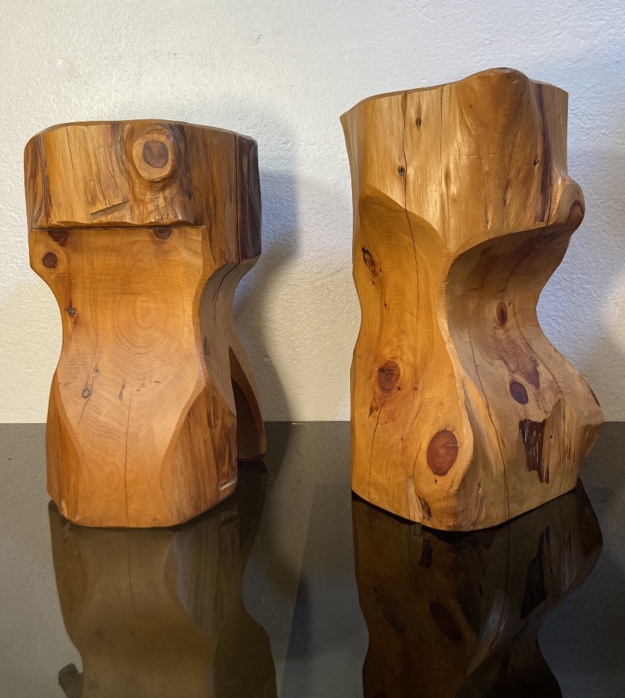 Deux Tabourets Brutalistes En Bois D'Olivier, Années 1980-photo-3