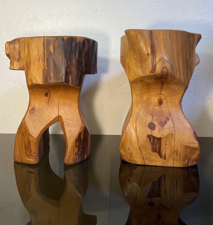 Deux Tabourets Brutalistes En Bois D'Olivier, Années 1980